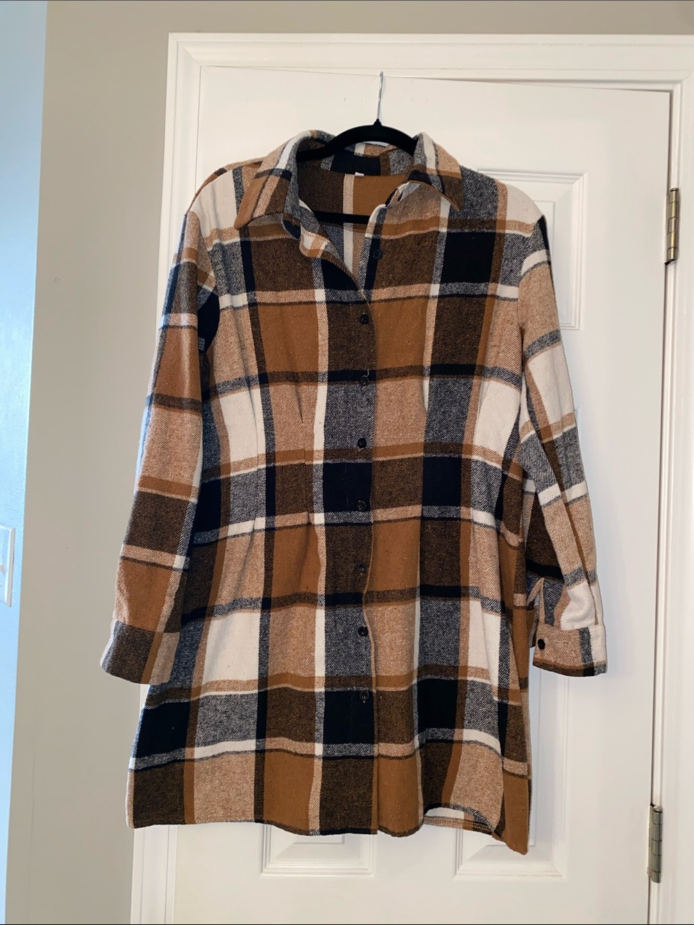 Plaid Button-Up Shacket in Brown, Black & Cream